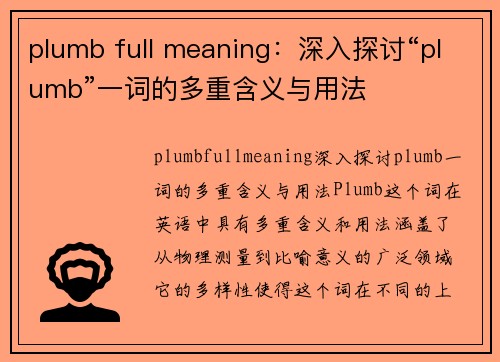 plumb full meaning：深入探讨“plumb”一词的多重含义与用法